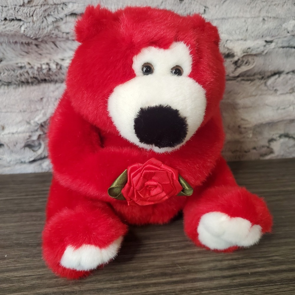 Chosun International RED Bear w/ Rose  8" Plush Stuffed Teddy Valentine's Day